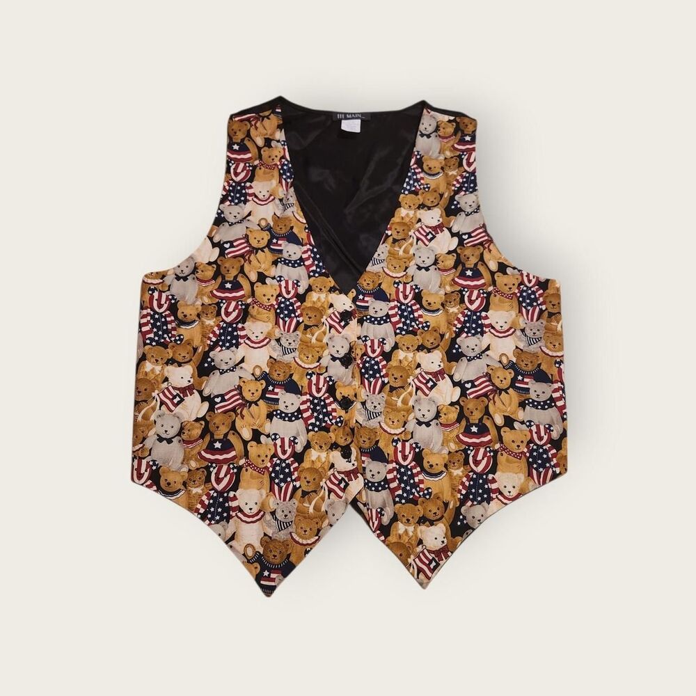 Vintage Y2k early 2000s III Main Patriotic teddy bear graphic button up vest